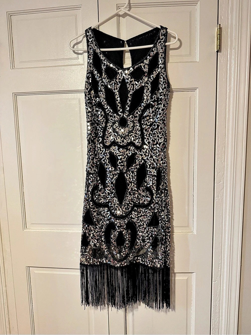 Black & Silver Sequin Fringe Mini Flapper Halloween Costume Dress